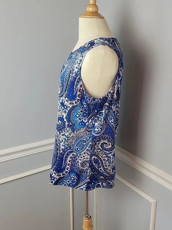 ANN TAYLOR PETITE Blue Pink Paisley Floral Keyhole Sleeveless Career Top LP - Picture 2 of 7